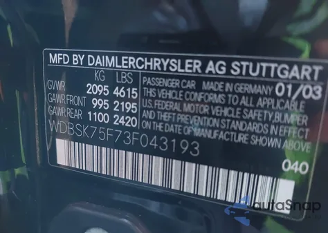 2003 Mercedes-Benz Sl 500 z USA, uszkodzony, nr VIN WDBSK75F73F043193